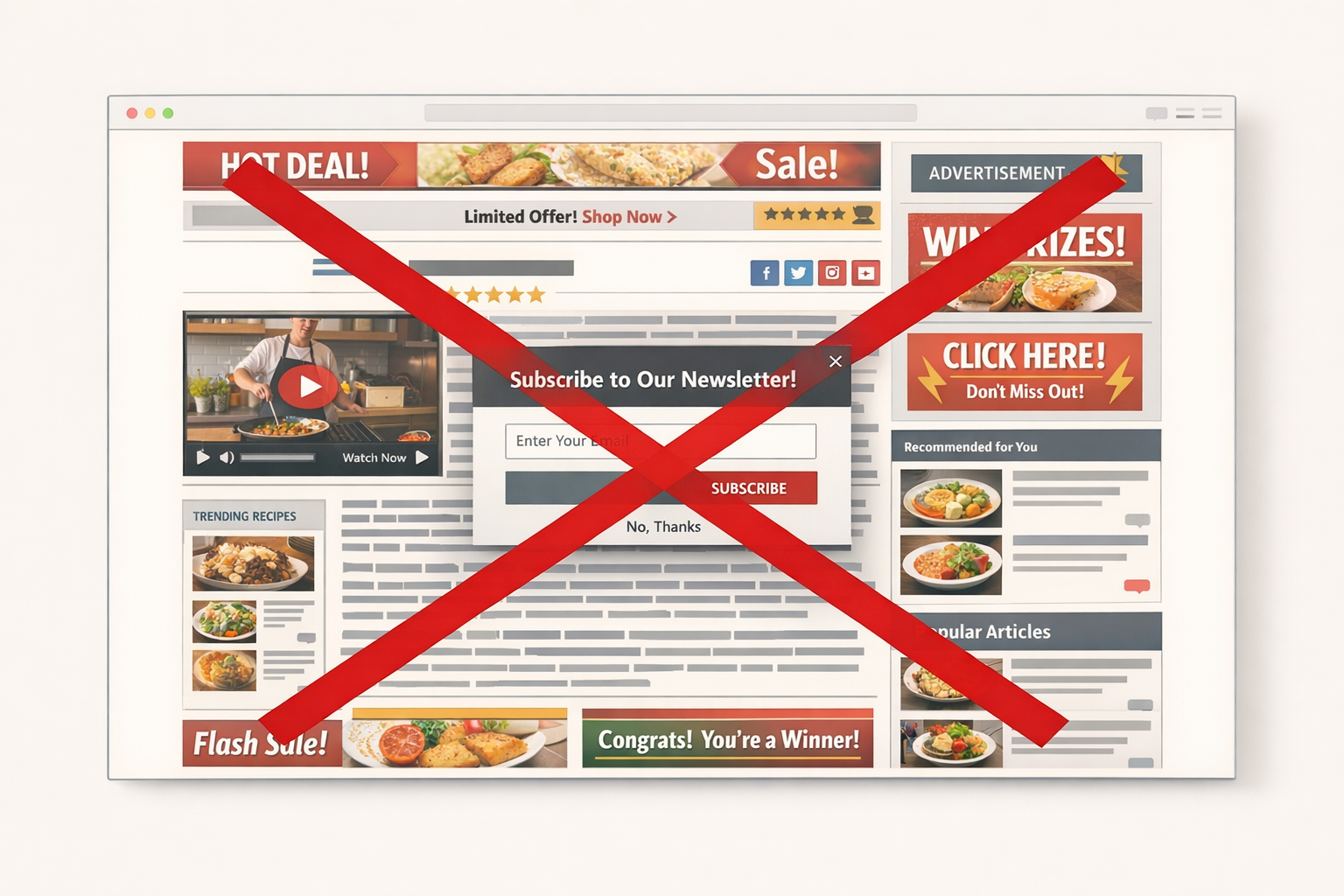 A cluttered recipe website covered in ads, video, and subscription prompts with a red X over the page.